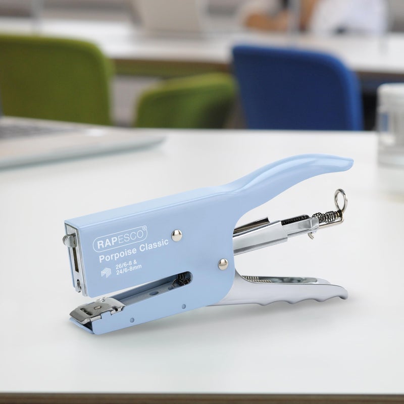 Rapesco 1346 Porpoise Classic Stapling Plier, 45 Sheet Capacity, Uses Type 26 Standard (1/4" and 5/16") and Type 24 High-Capacity (1/4" and 5/16") Staples, All Metal, Powder Blue - Image 2